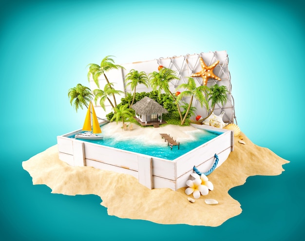 Fantastic tropical island with bungalow in opened wooden box on a pile of sand