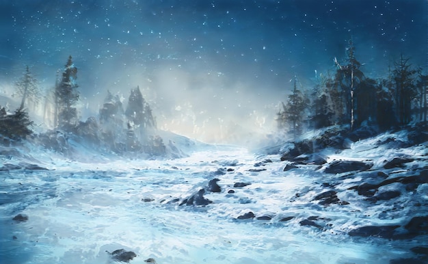 Fantastic winter epic christmas landscape of mountains frozen nature  gaming rpg background