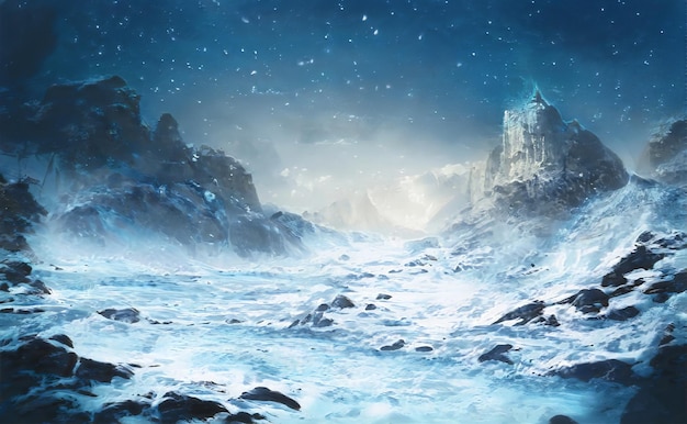 Fantastic winter epic christmas landscape of mountains frozen nature  gaming rpg background