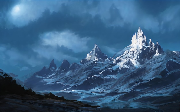 Fantastic winter epic landscape of mountains frozen nature mystic valley gaming rpg background