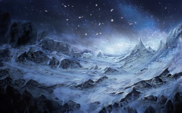 Fantastic winter epic landscape of mountains frozen nature mystic valley gaming rpg background