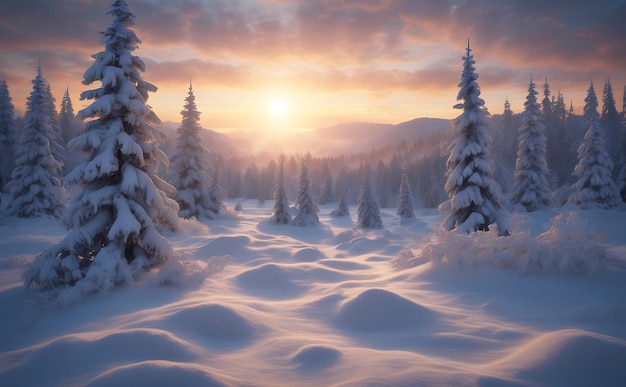 Fantastic winter landscape glowing by sunlight Dramatic wintry scene