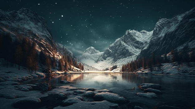 Fantastic winter landscape with snow covered mountains and lake at nightgenerative ai