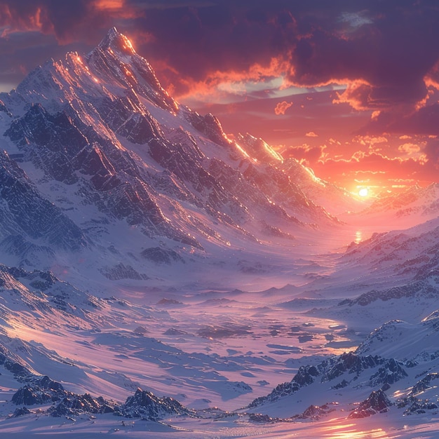 Fantastic winter landscape with snowcapped mountains and lake at sunset