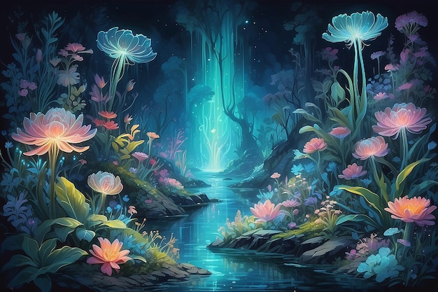 Fantastic wonderland forest landscape with mushrooms and flowers