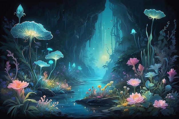 Fantastic wonderland forest landscape with mushrooms and flowers