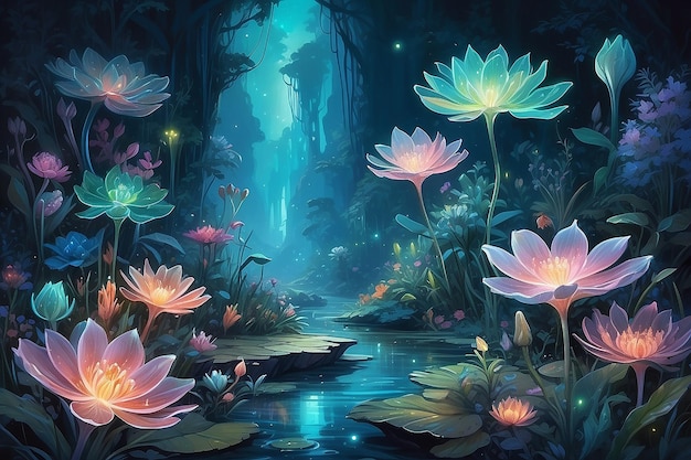 Fantastic wonderland forest landscape with mushrooms and flowers