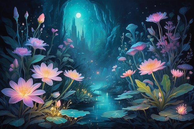 Fantastic wonderland forest landscape with mushrooms and flowers