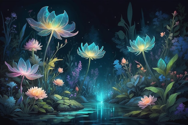 Fantastic wonderland forest landscape with mushrooms and flowers