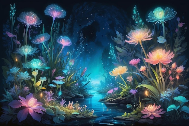 Fantastic wonderland forest landscape with mushrooms and flowers