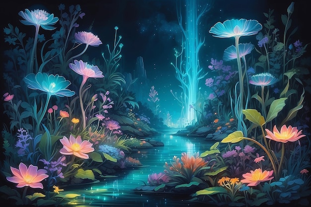 Fantastic wonderland forest landscape with mushrooms and flowers