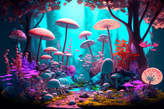 Fantastic wonderland forest landscape with mushrooms and flowers