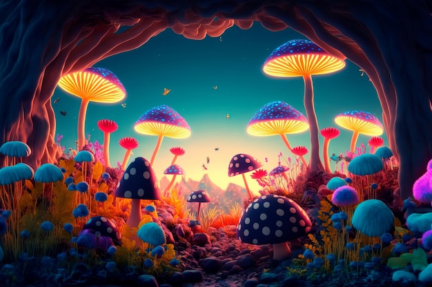 Fantastic wonderland forest landscape with mushrooms and flowers