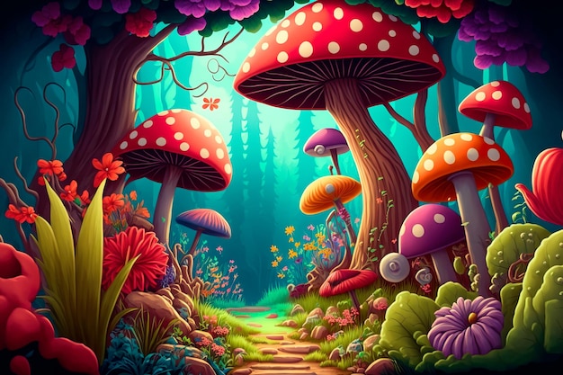 Fantastic wonderland forest landscape with mushrooms and flowers