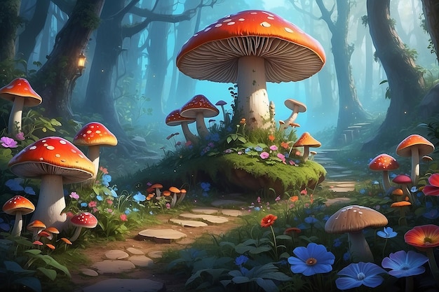 Fantastic wonderland forest landscape with mushrooms and flowers