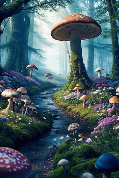 fantastic wonderland forest landscape with mushrooms and flowers