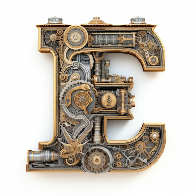 Fantastical 3d Illustration Of The Letter E With Gear Wheels And Metalwork