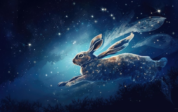 Fantastical bunny rabbit soaring through the starry night sky generative AI