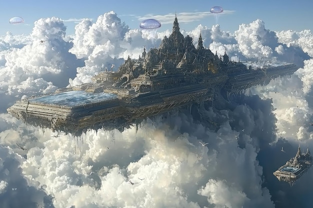 Photo fantastical floating castle in the clouds with airships soaring above representing imagination magic and otherworldly realms