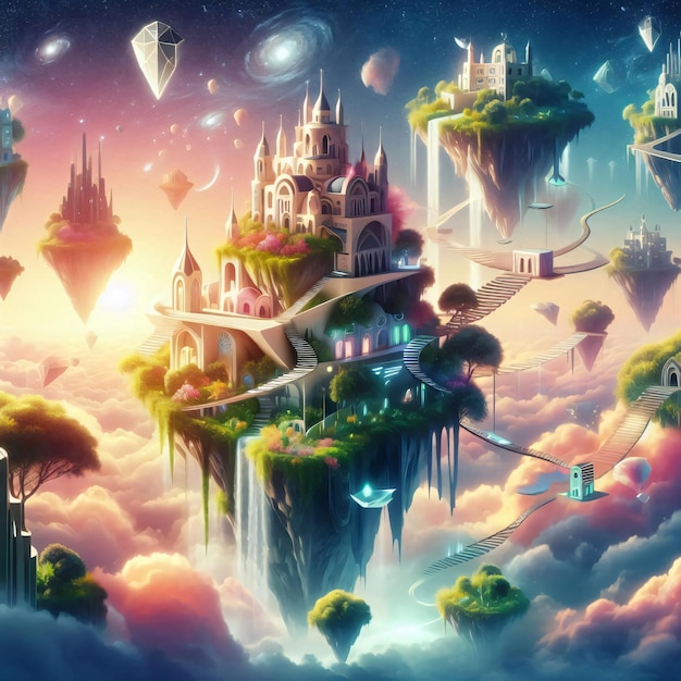 Fantastical floating cityscape above clouds with castles bridges and cascading waterfalls