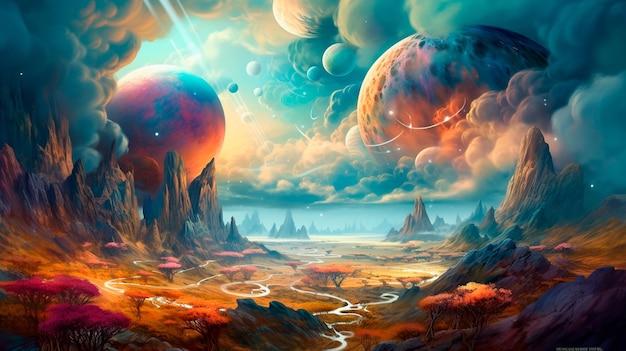 Fantastical planet with swirling clouds and colorful landscapes Generative AI