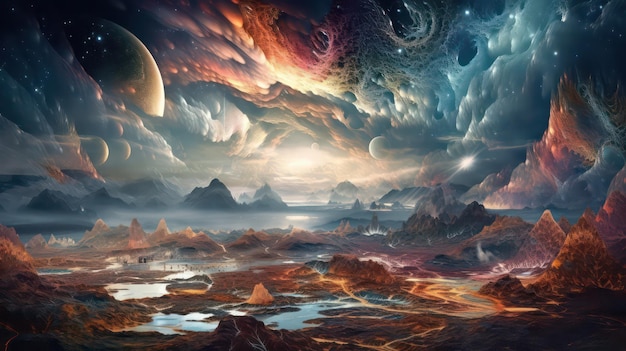 fantastical planet with swirling clouds and colorful landscapes Generative AI