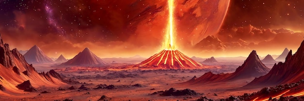 A fantastical scene of a volcano with a bright orange glow surrounded by a barren landscape The volcano appears to be spewing fire creating a visually striking and otherworldly atmosphere