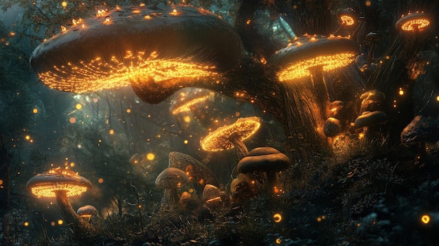 Photo a fantastical setting where magic mushrooms grow on enchanted trees with glowing patterns and magical creatures interacting with the fungi