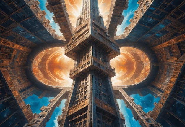 Photo a fantastical space elevator stretches high into the sky