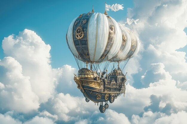 Photo a fantastical steampunk airship gliding through a bright cloudfilled sky