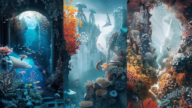 Photo a fantastical underwater world with coral fish and a mysterious structure in the background