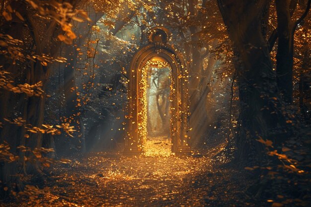 Photo a fantastically beautiful door in forest leading to the unknown