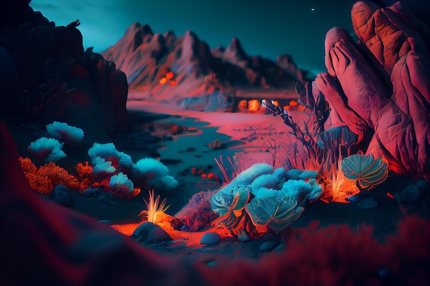 Fantastically beautiful unreal landscapes with neon glowgenerative ai