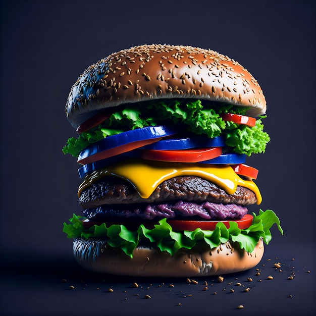 Fantastically juicy appetizing hamburger on a black background Art created by a neural network