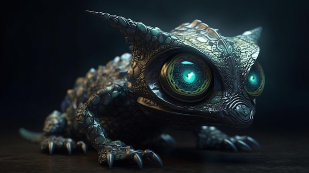 Fantasy alien creature with green eyes on a dark backgroundgenerative ai