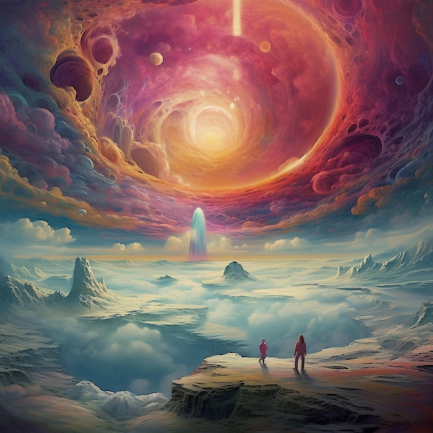 Fantasy alien planet 3D illustration of a man and a woman standing on the edge of an alien planet