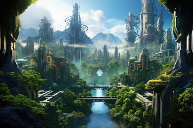 Fantasy alien planet 3d render Elements of this image furnished by NASA A futuristic metropolis nestled in a lush jungle showcasing harmony between nature and technology AI Generated