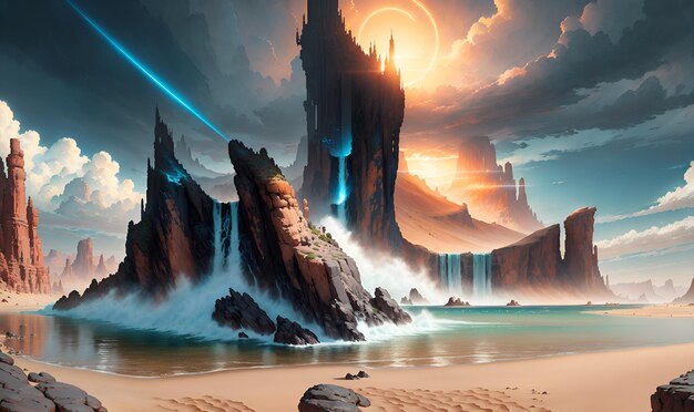 Fantasy alien planet arid desert wilderness landscape futuristic universe science fiction wall art discovery exploration adventure Generative AI