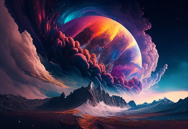 Fantasy alien planet Mountain 3D illustration of a fantasy planet generative ai