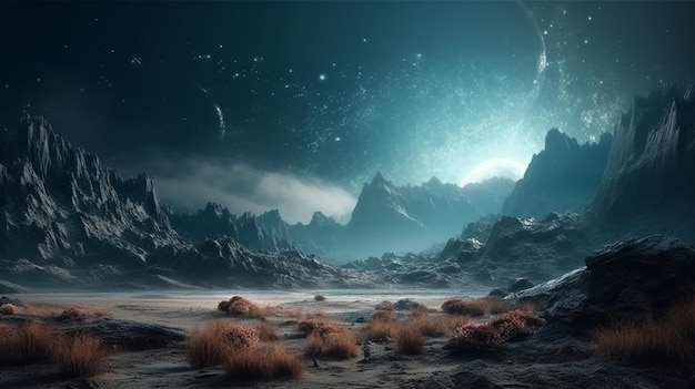 Fantasy alien planet Mountain and lakegenerative ai