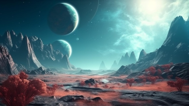 Fantasy alien planet Mountain and lakegenerative ai