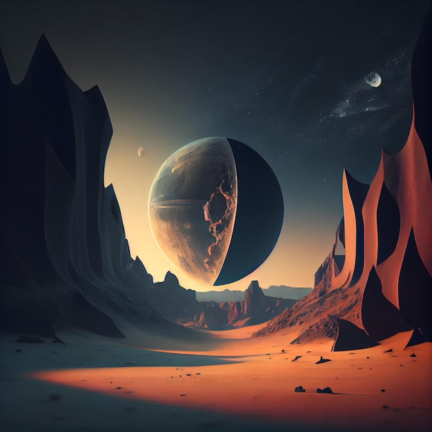 Fantasy alien planet Mountain and moon 3D illustration