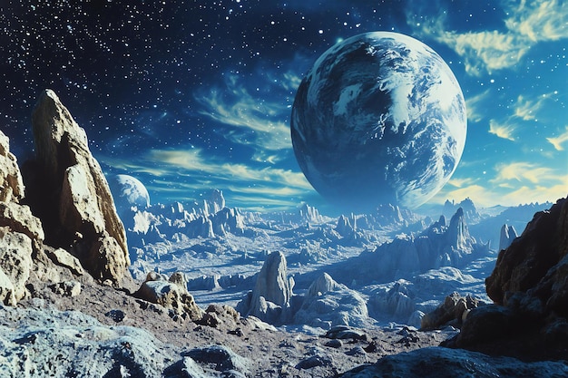 Fantasy alien planet Mountain and moon