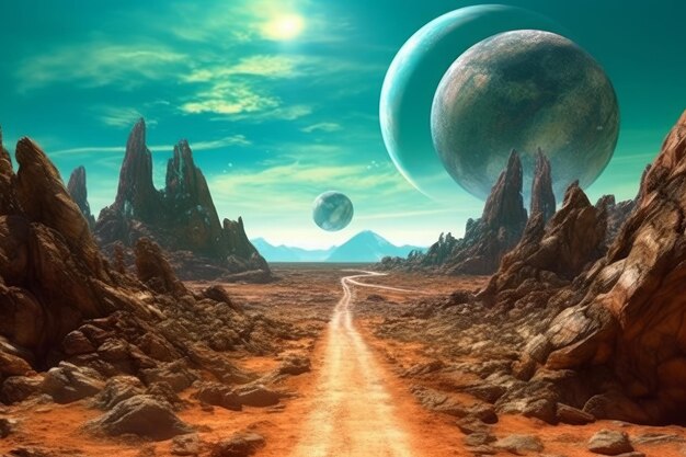 Photo fantasy alien planet mountain and road generative ai