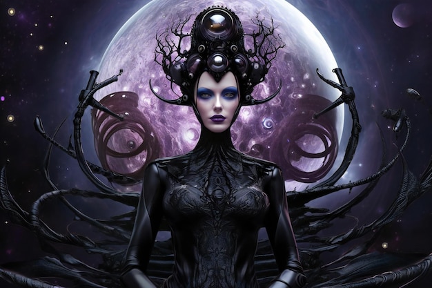 A fantasy alien woman with a skull and horns