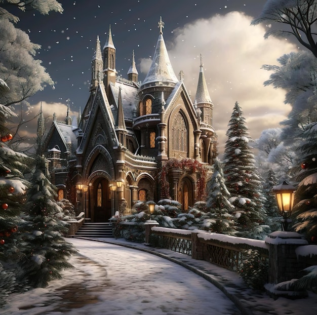 An fantasy animation house in the snow for Christmas