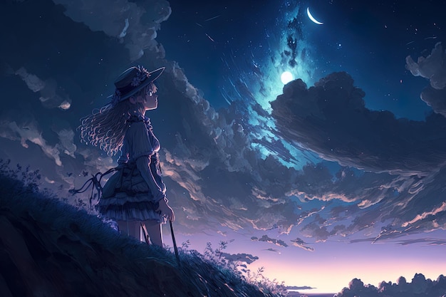 Fantasy anime female digital art illustration gazing up at the sky in a nighttime landscape