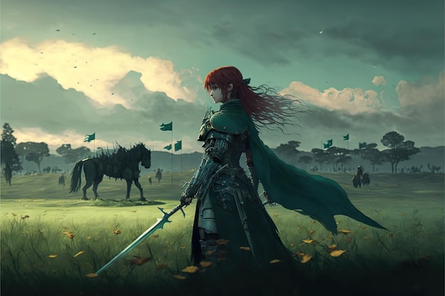 Fantasy anime girl warrior on green field