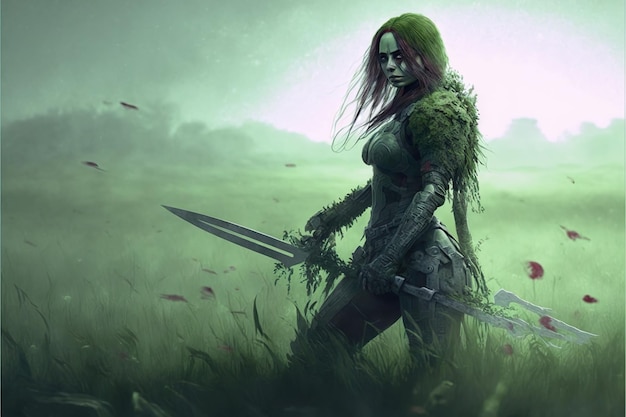 Fantasy anime girl warrior on green field