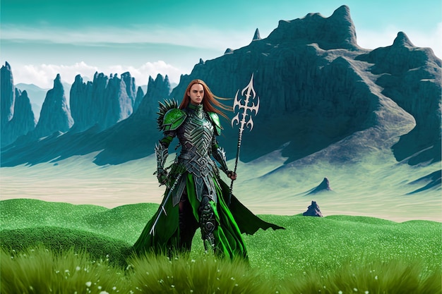 Fantasy anime girl warrior on green field